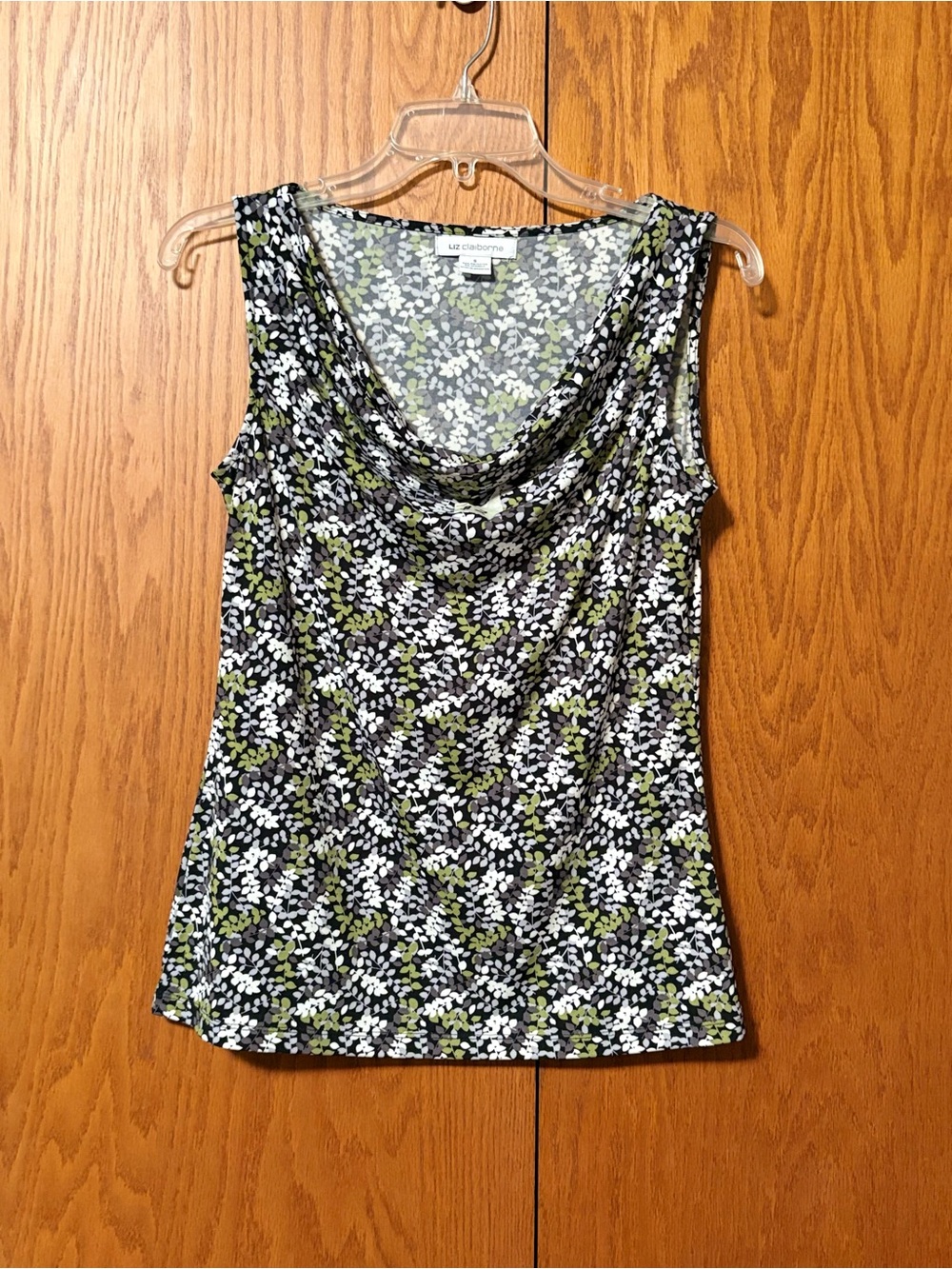 Liz Claiborne Black Floral Cowl Neck Camisole with Green Accents